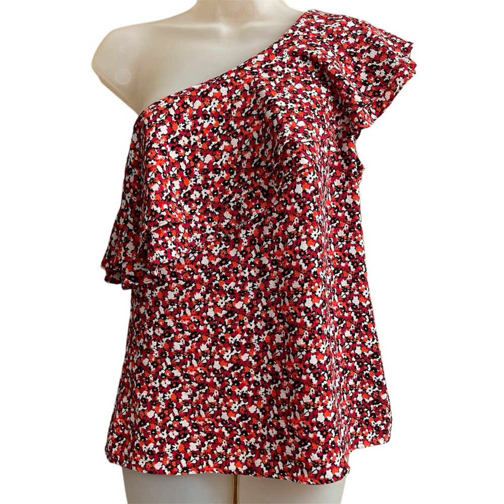 EUC  Red & White Tiny Floral Print One-Shoulder Top Size S/M